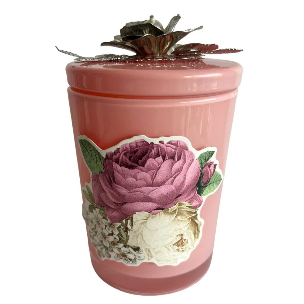 Peony Roses Large Vanity Jar Silver Leaf Encrusted Lid Tassle Vanity Jar Jeweled